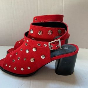 Red studded peep toe booties